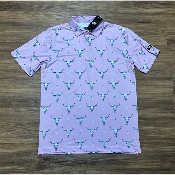 Waggle Highlands Golf Performance Polo Steer Skull AOP Shirt Pink Men's Sz M - Picture 2 of 8